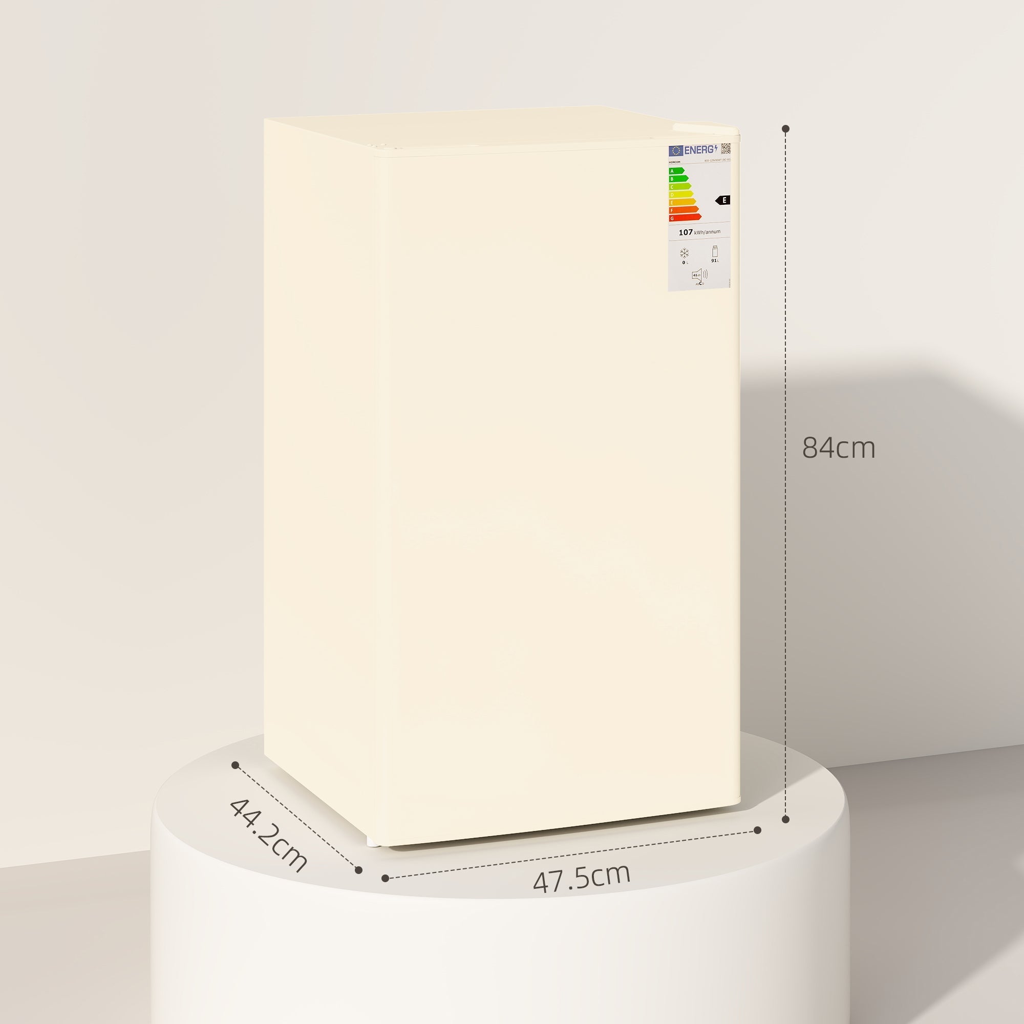 Cream-colored sleek rectangular homcom 91 litre small fridge freezer with chiller box and adjustable thermostat