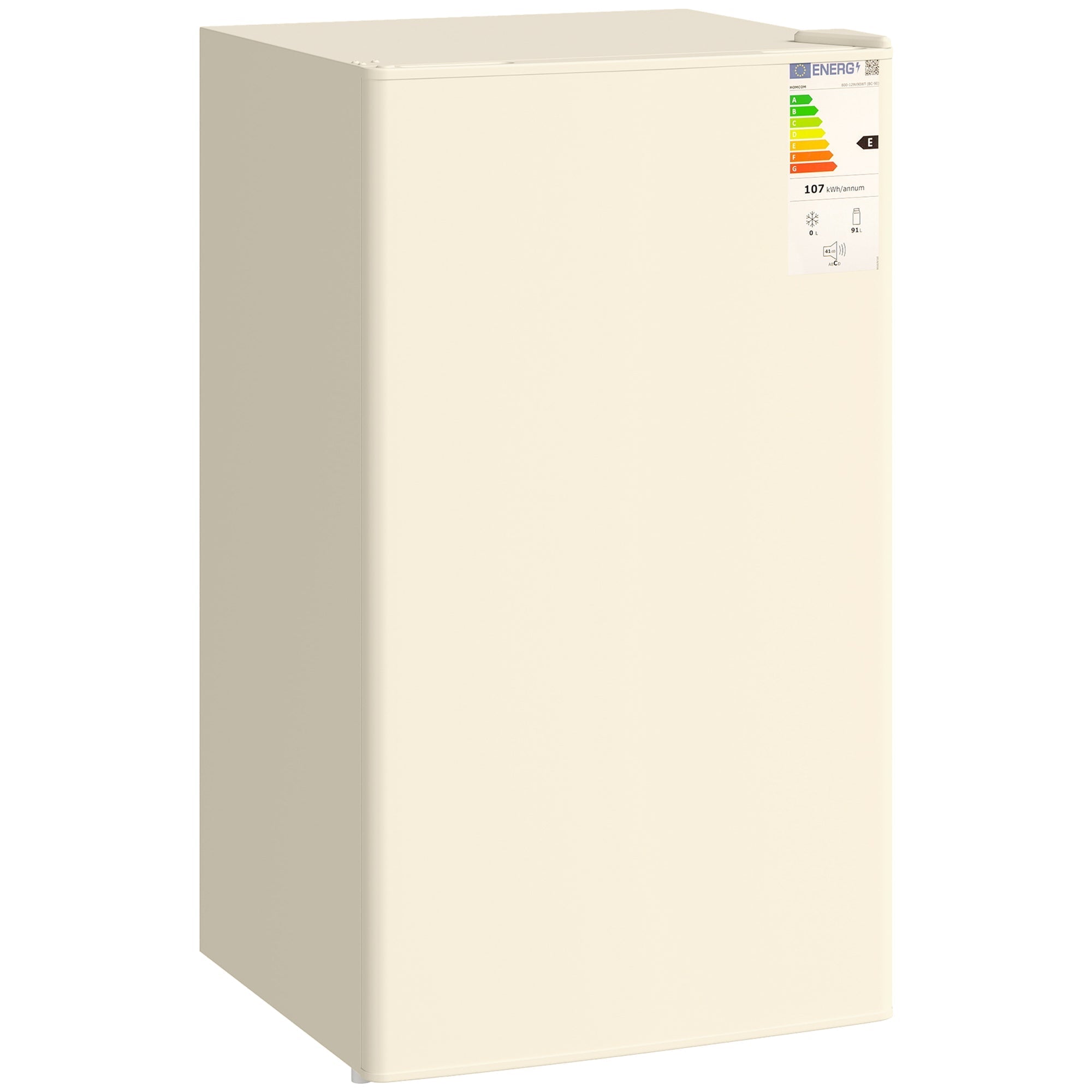 Cream-colored homcom 91 litre small fridge freezer with minimalist design and energy efficiency label on the front