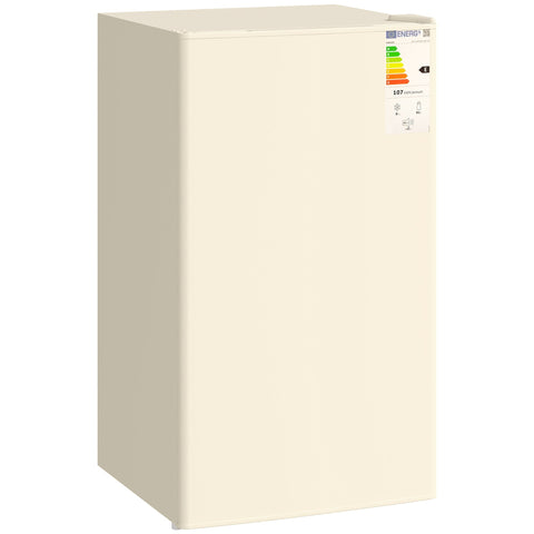 Cream-colored homcom 91 litre small fridge freezer with minimalist design and energy efficiency label on the front