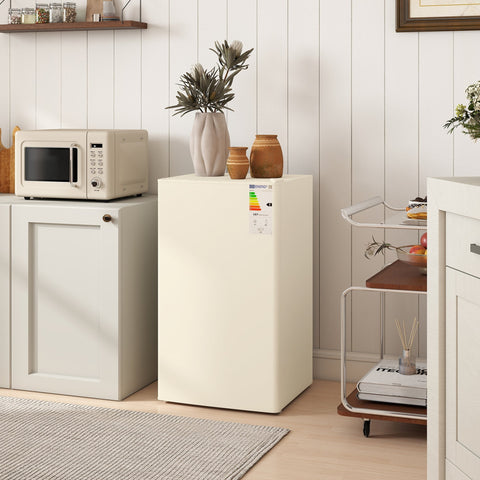 Cream-colored homcom 91 litre small fridge freezer with chiller box and adjustable thermostat in a compact design