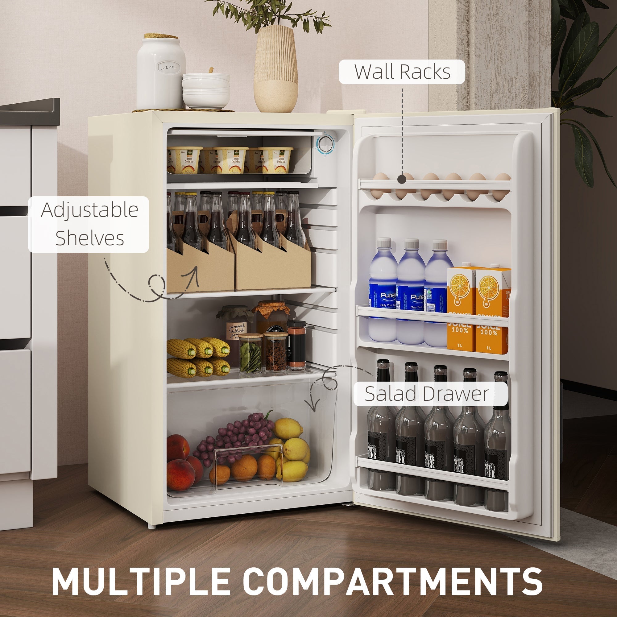 Cream-colored homcom 91 litre small fridge freezer with adjustable shelves wall racks and salad drawer in beige