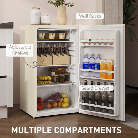 Cream-colored homcom 91 litre small fridge freezer with adjustable shelves wall racks and salad drawer in beige