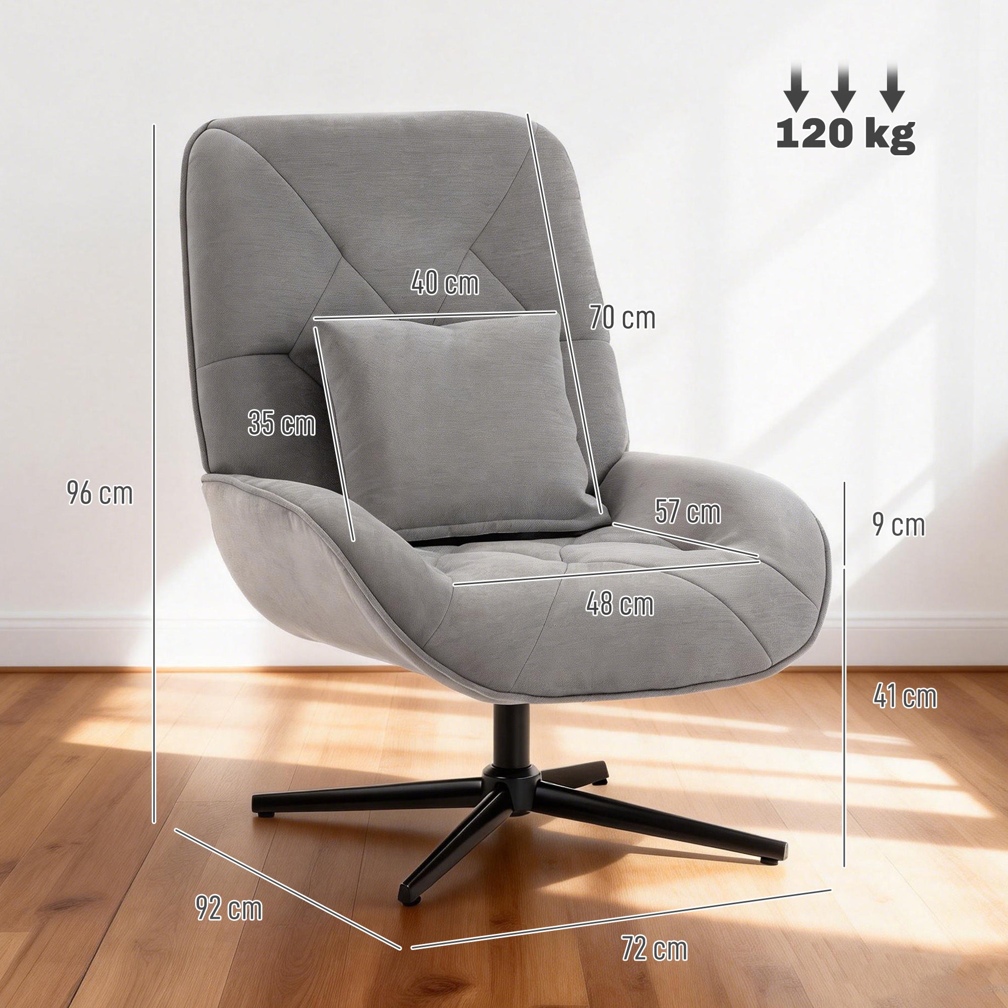 Gray chenille upholstered homcom accent chair with lumbar pillow swivel chair and black metal legs