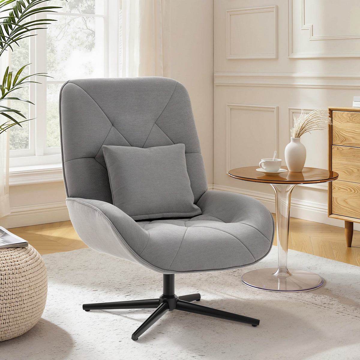 Gray tufted velvet homcom accent chair with lumbar pillow and black star-shaped swivel base in light grey