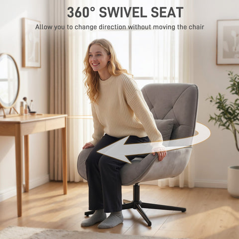 Gray chenille upholstered homcom accent chair with lumbar pillow swivel armchair and metal legs in light grey