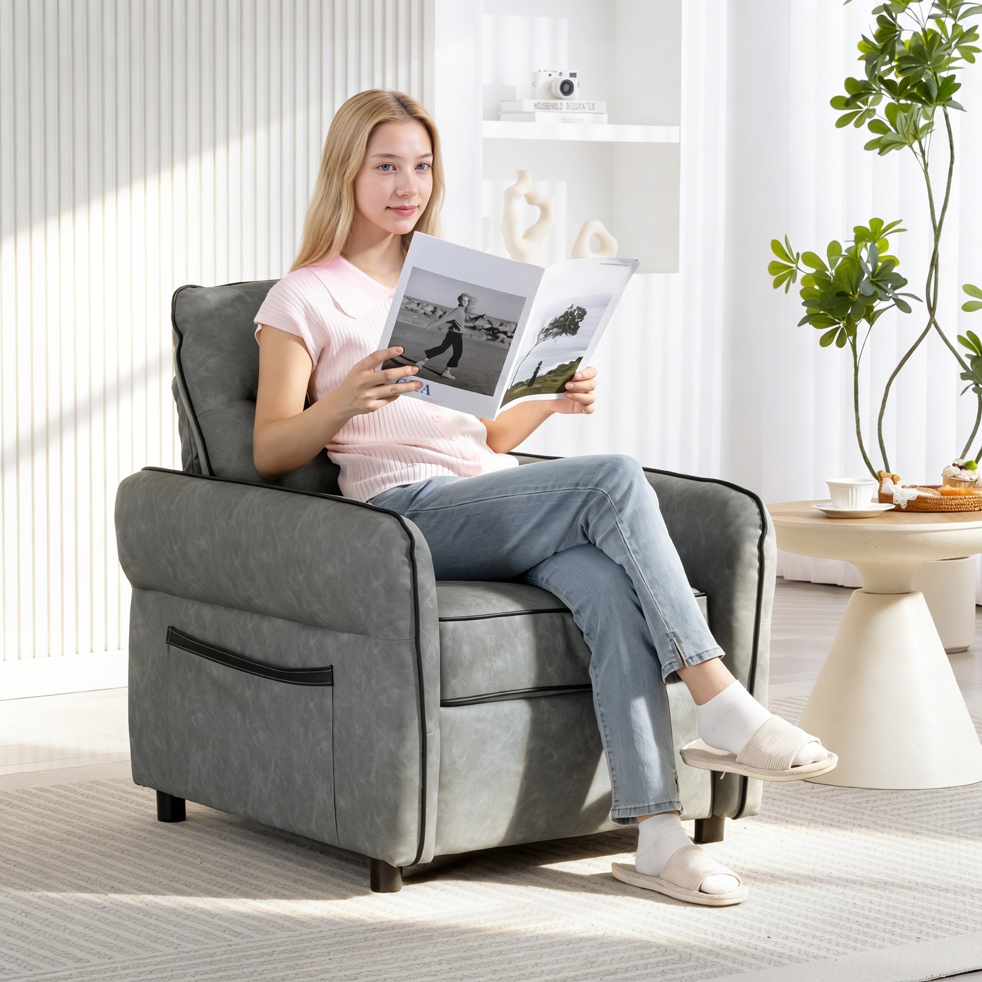 Gray homcom accent chair faux leather recliner with black trim and front pocket perfect for relaxation