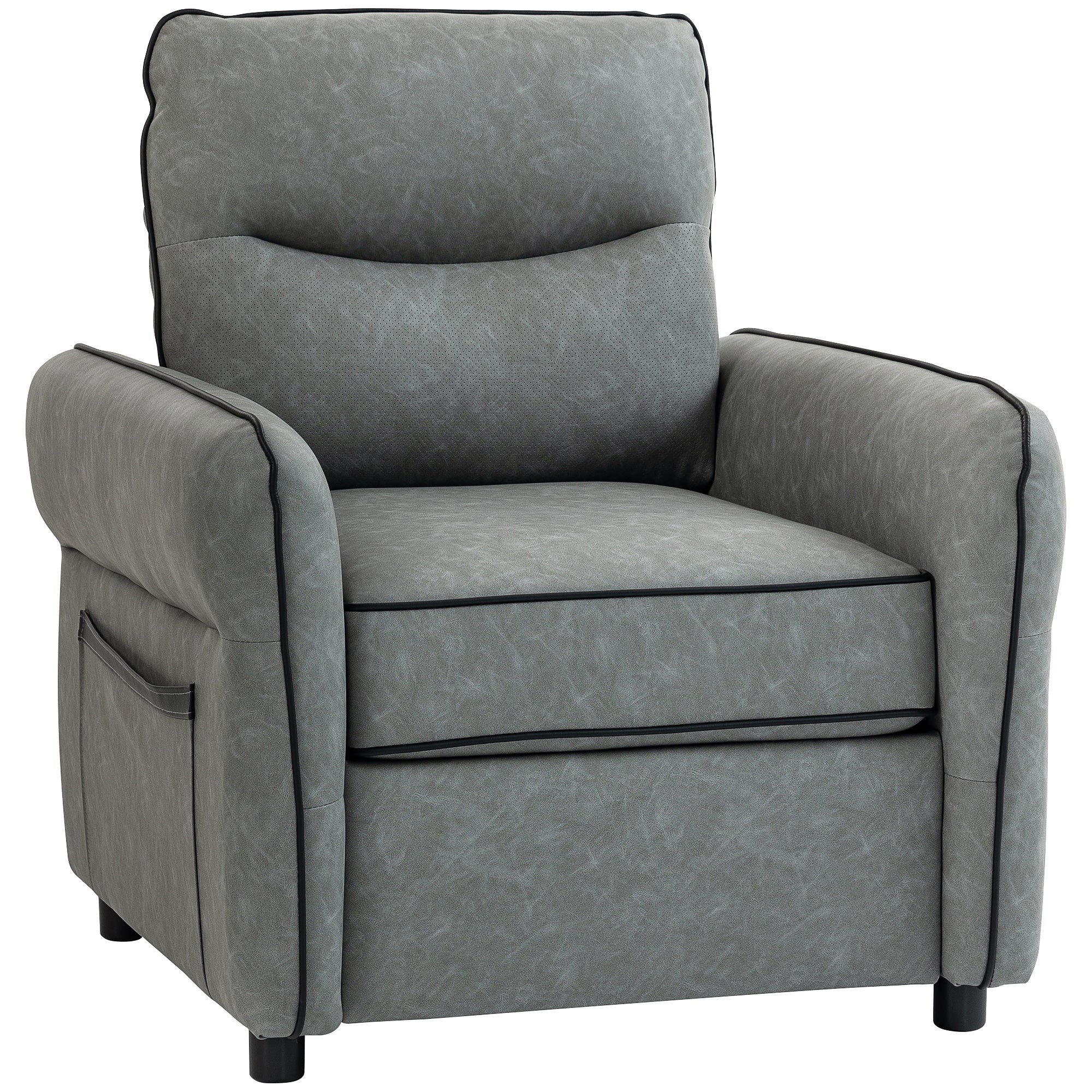 Gray homcom accent chair with faux leather upholstery black piping and side pocket for convenient storage