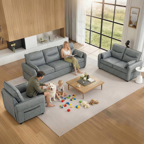 Gray fabric sectional sofa with clean lines and modern design complements homcom accent chair in faux leather gray