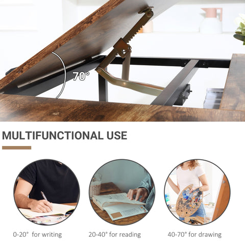 Adjustable wooden drafting table with 70-degree tilt black metal frame rustic brown small lift-up 120w x 60d