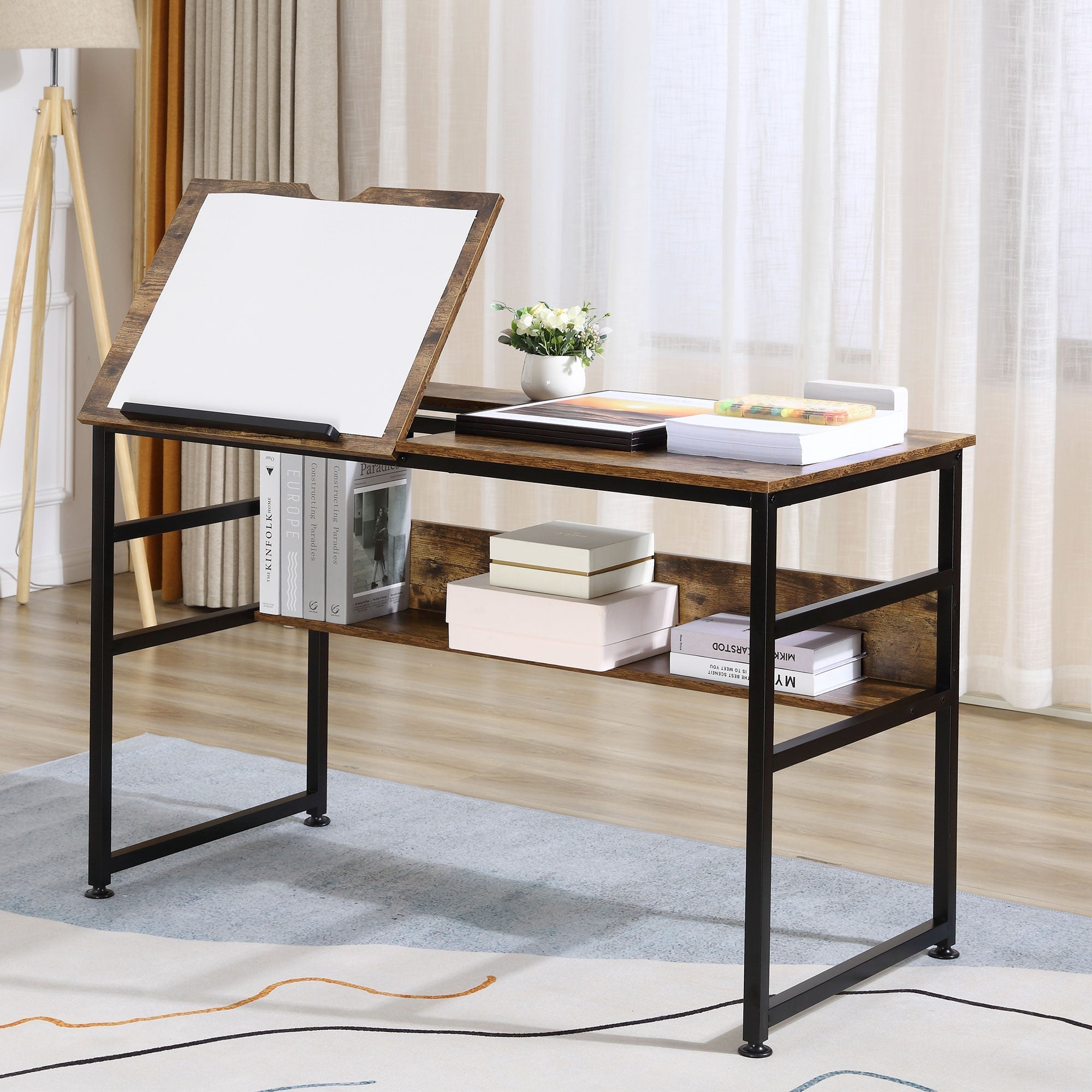 Rustic brown drafting table with 15-level tiltable slanted top, black metal legs, 120w x 60d, small lift-up storage shelf