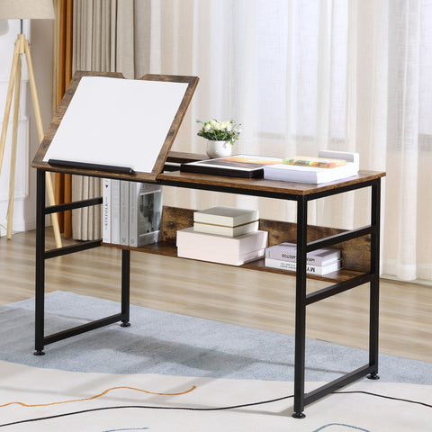 Rustic brown drafting table with 15-level tiltable slanted top, black metal legs, 120w x 60d, small lift-up storage shelf