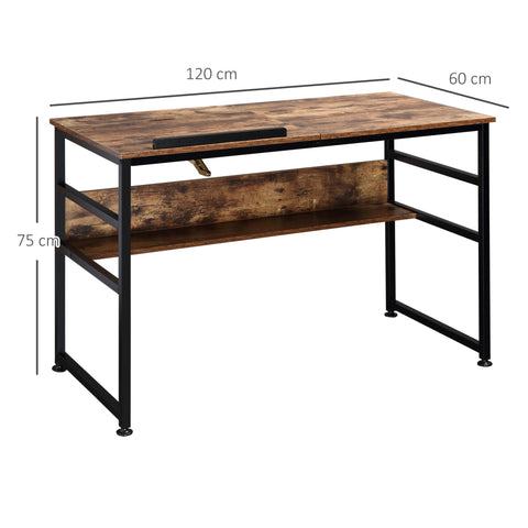 Rustic brown wooden drafting table with black metal frame 120w x 60d small lift-up 15-level tiltable tabletop