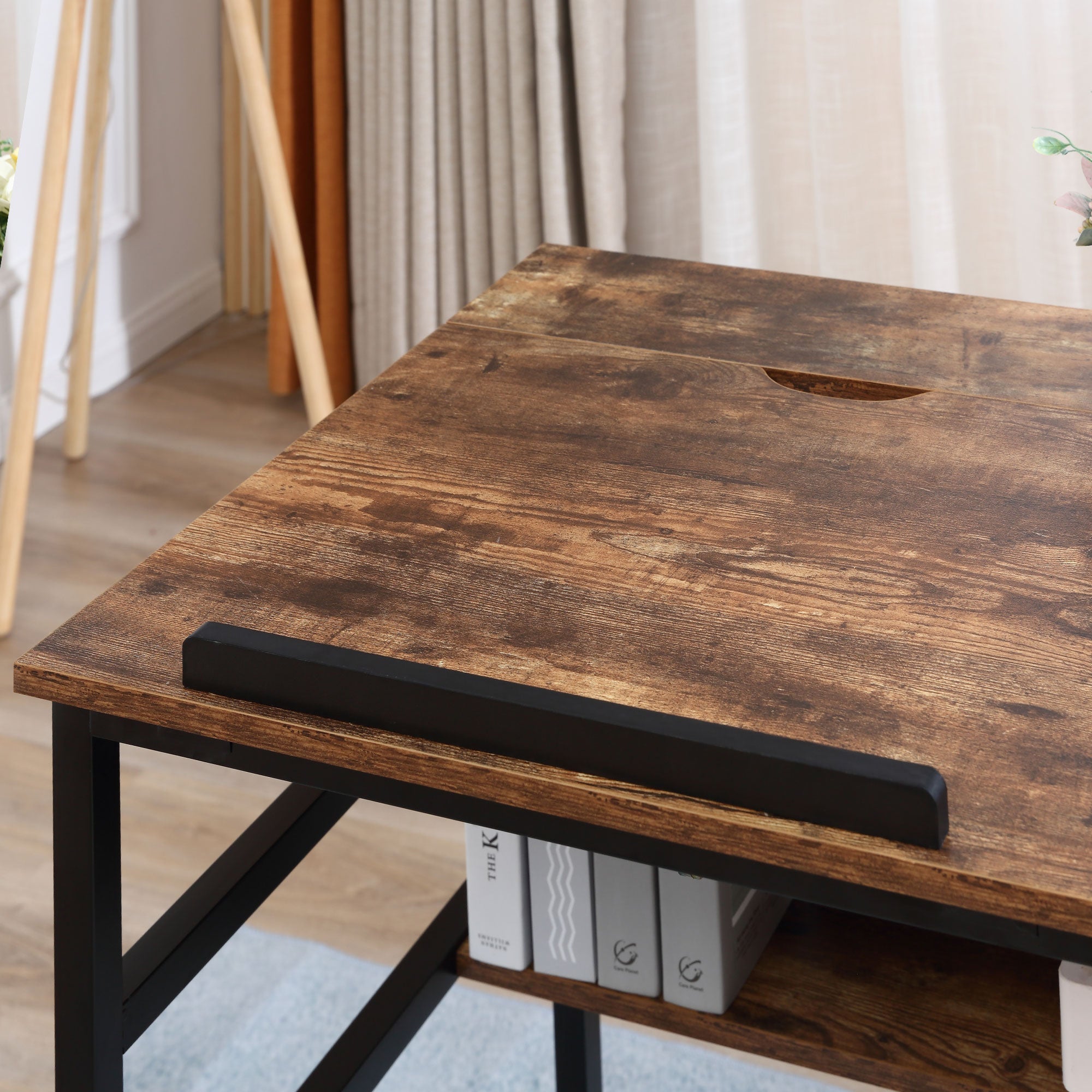 Rustic brown wooden drafting table with black metal legs 120w x 60d small lift-up tabletop and cable hole