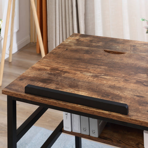 Rustic brown wooden drafting table with black metal legs 120w x 60d small lift-up tabletop and cable hole