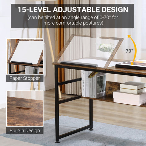 Adjustable drafting table with rustic wood top black metal frame 15-level tilt 120w x 60d small lift-up design