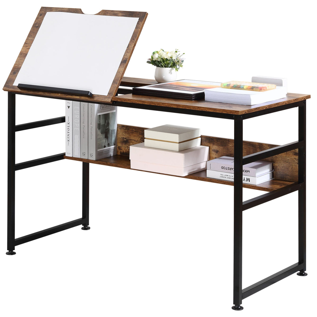 Rustic brown homcom drafting table with 15-level tiltable small lift-up wooden desk and black metal legs 120w x 60d