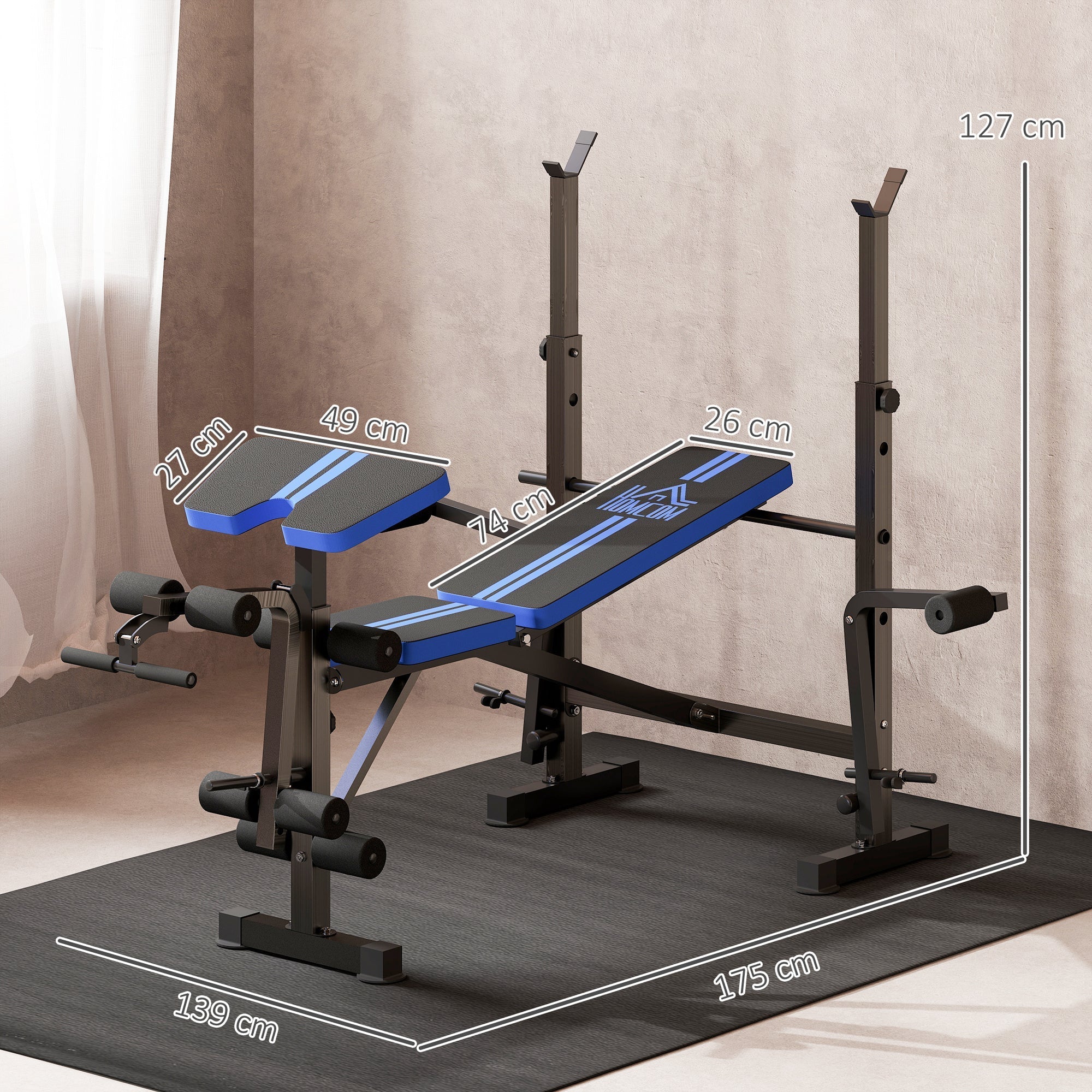 Blue and black homcom adjustable weight bench with padded seat pad and multifunctional unit includes leg developer barbell rack
