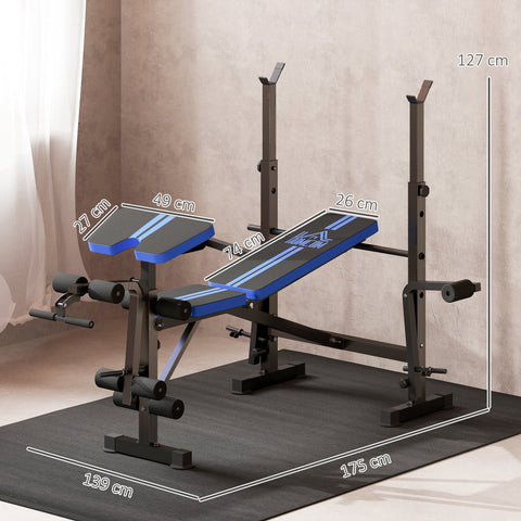 Blue and black homcom adjustable weight bench with padded seat pad and multifunctional unit includes leg developer barbell rack