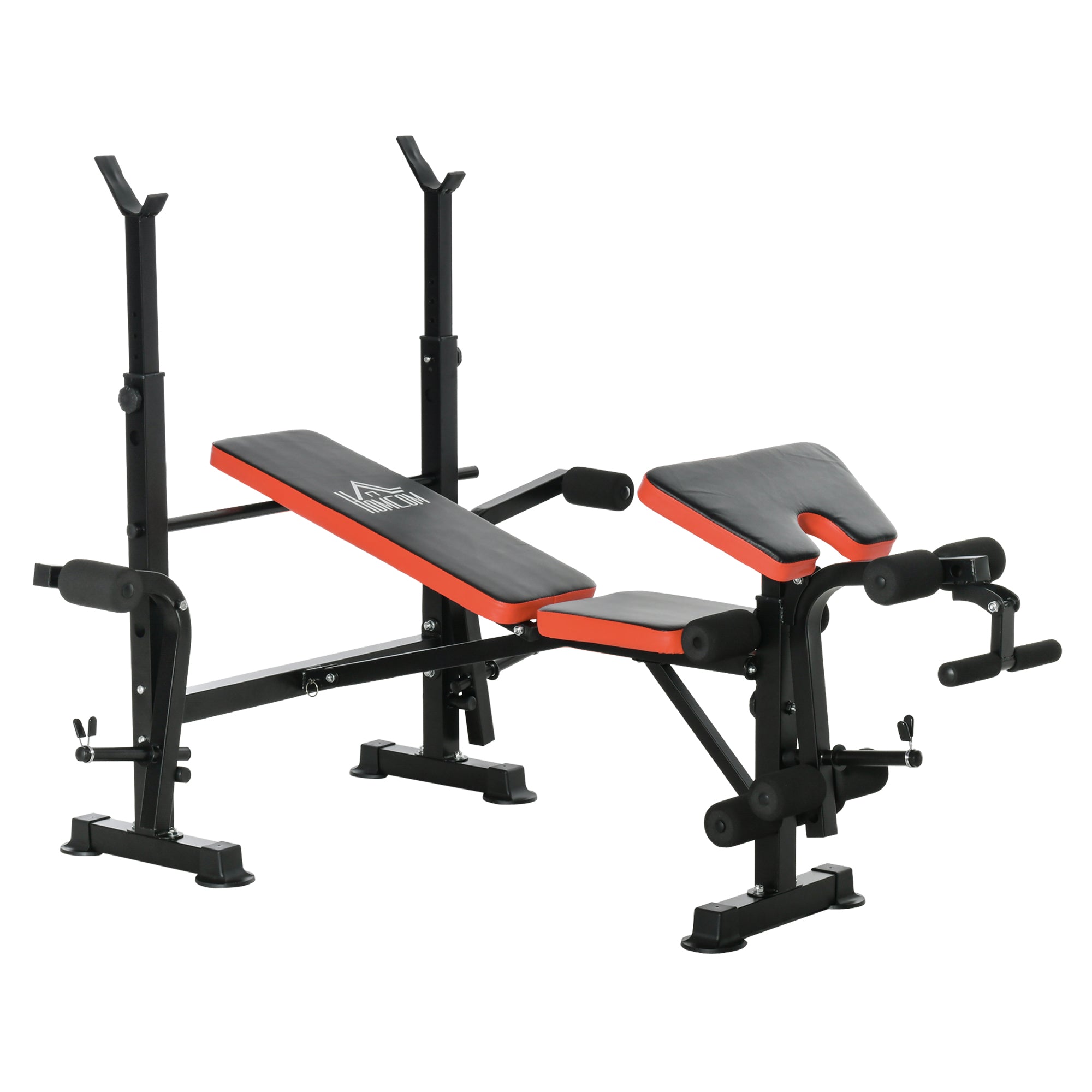 Black and orange HOMCOM weight bench with adjustable seat pad and multifunctional unit includes leg developer barbell rack