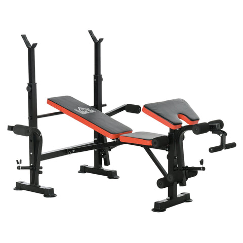 Black and orange HOMCOM weight bench with adjustable seat pad and multifunctional unit includes leg developer barbell rack