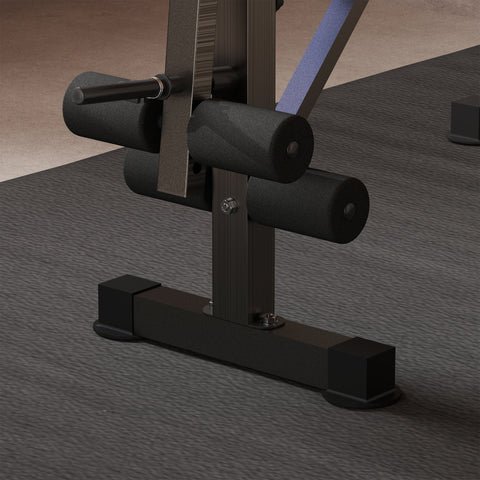 Black padded rollers on blue metal frame of homcom weight bench multifunctional unit includes seat pad for home gym