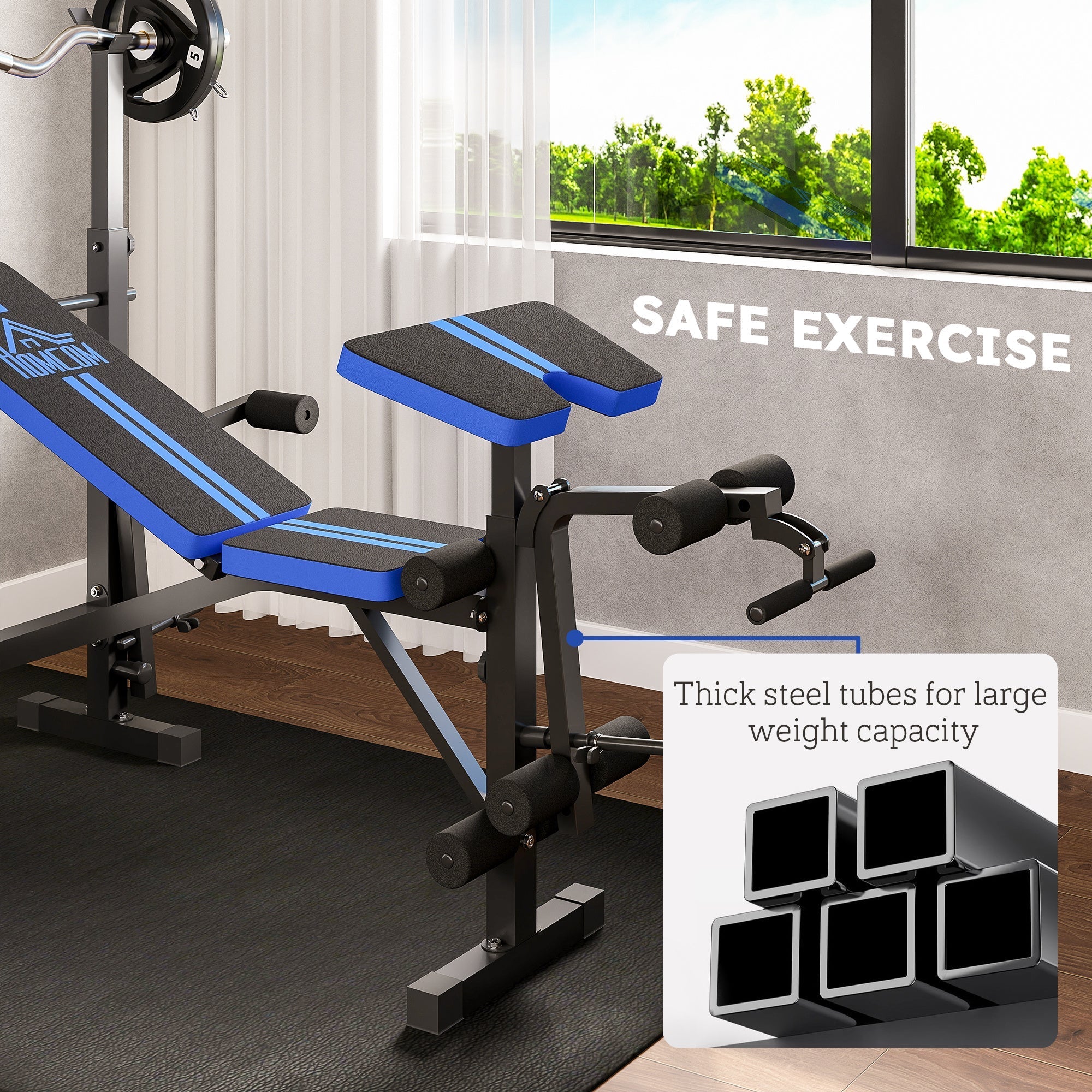 Blue and black homcom adjustable weight bench with padded seat pad and thick steel frame multifunctional unit includes leg developer and barbell rack