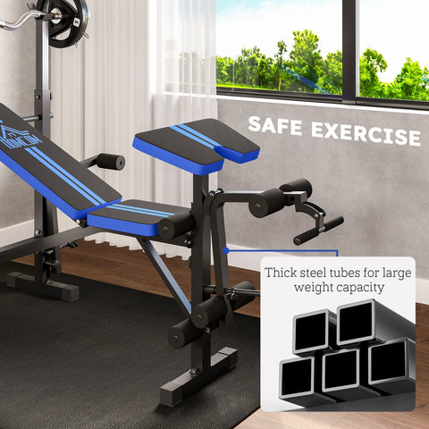 Blue and black homcom adjustable weight bench with padded seat pad and thick steel frame multifunctional unit includes leg developer and barbell rack