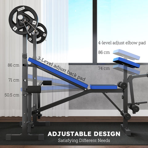 Black and blue homcom adjustable weight bench with 3-level seat pad and multifunctional unit includes leg developer and barbell rack