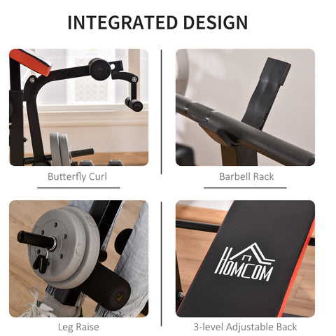 Black and orange homcom adjustable weight bench with seat pad multifunctional unit includes leg developer and barbell rack