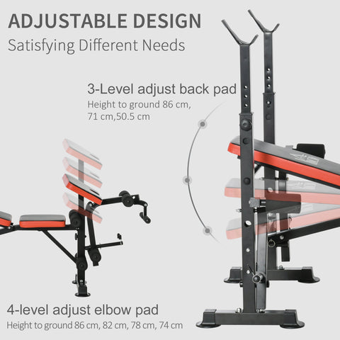 Black and orange homcom adjustable weight bench with 3-level back pad seat pad and multifunctional unit includes leg developer barbell rack