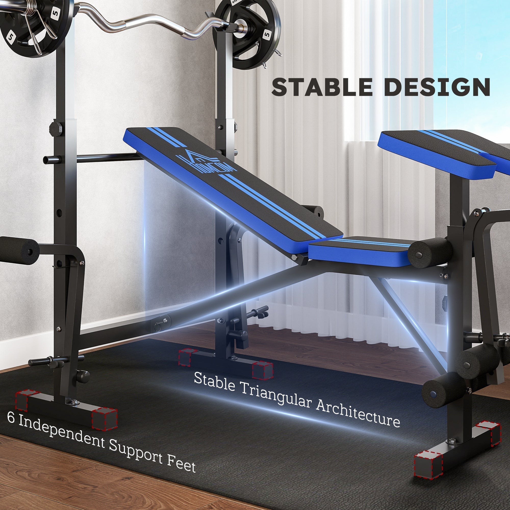 Blue and black homcom adjustable weight bench with stable triangular frame seat pad and multifunctional unit includes leg developer barbell rack