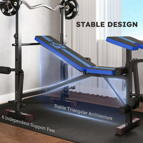Blue and black homcom adjustable weight bench with stable triangular frame seat pad and multifunctional unit includes leg developer barbell rack
