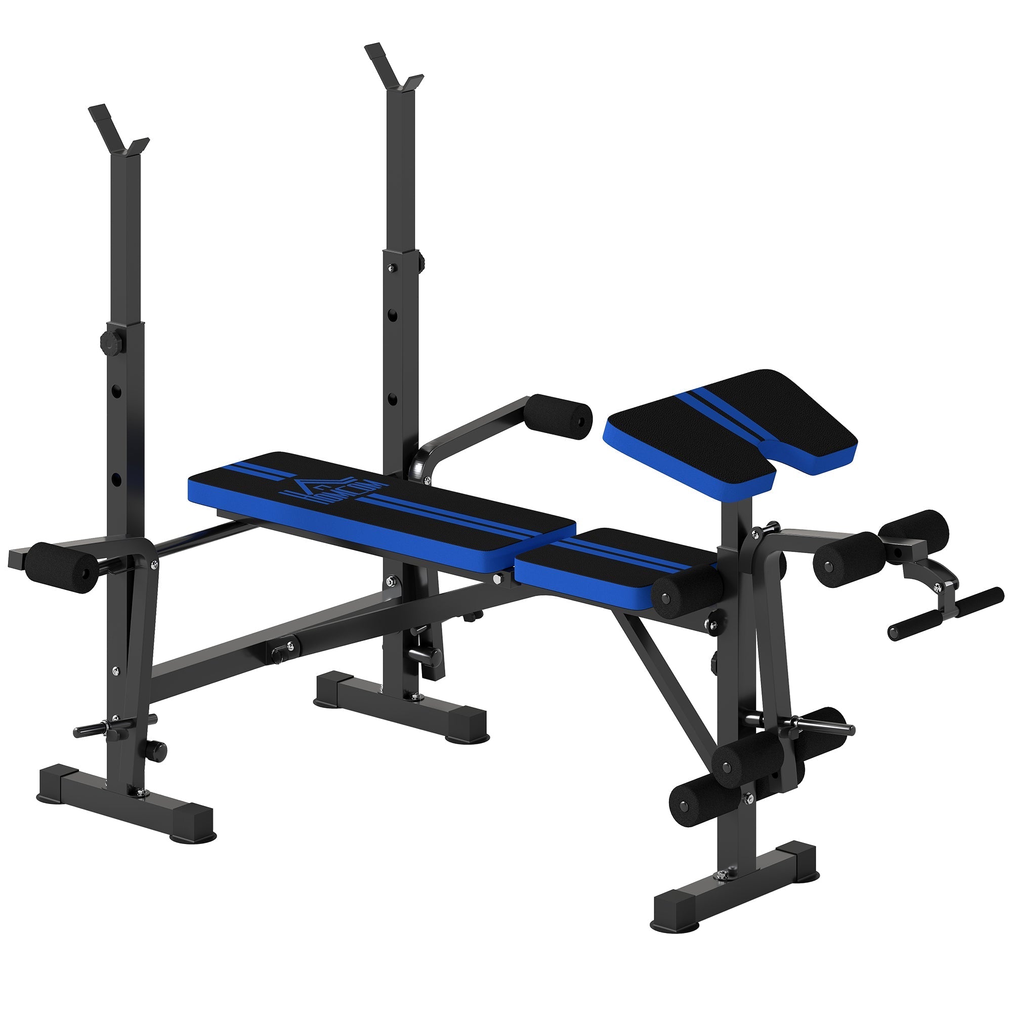 Black and blue homcom adjustable weight bench with padded seat pad multifunctional unit includes leg developer and barbell rack