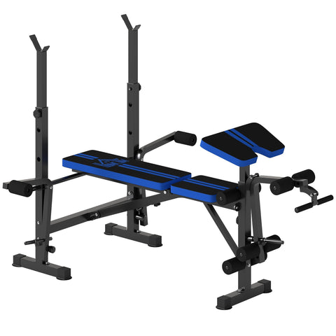Black and blue homcom adjustable weight bench with padded seat pad multifunctional unit includes leg developer and barbell rack