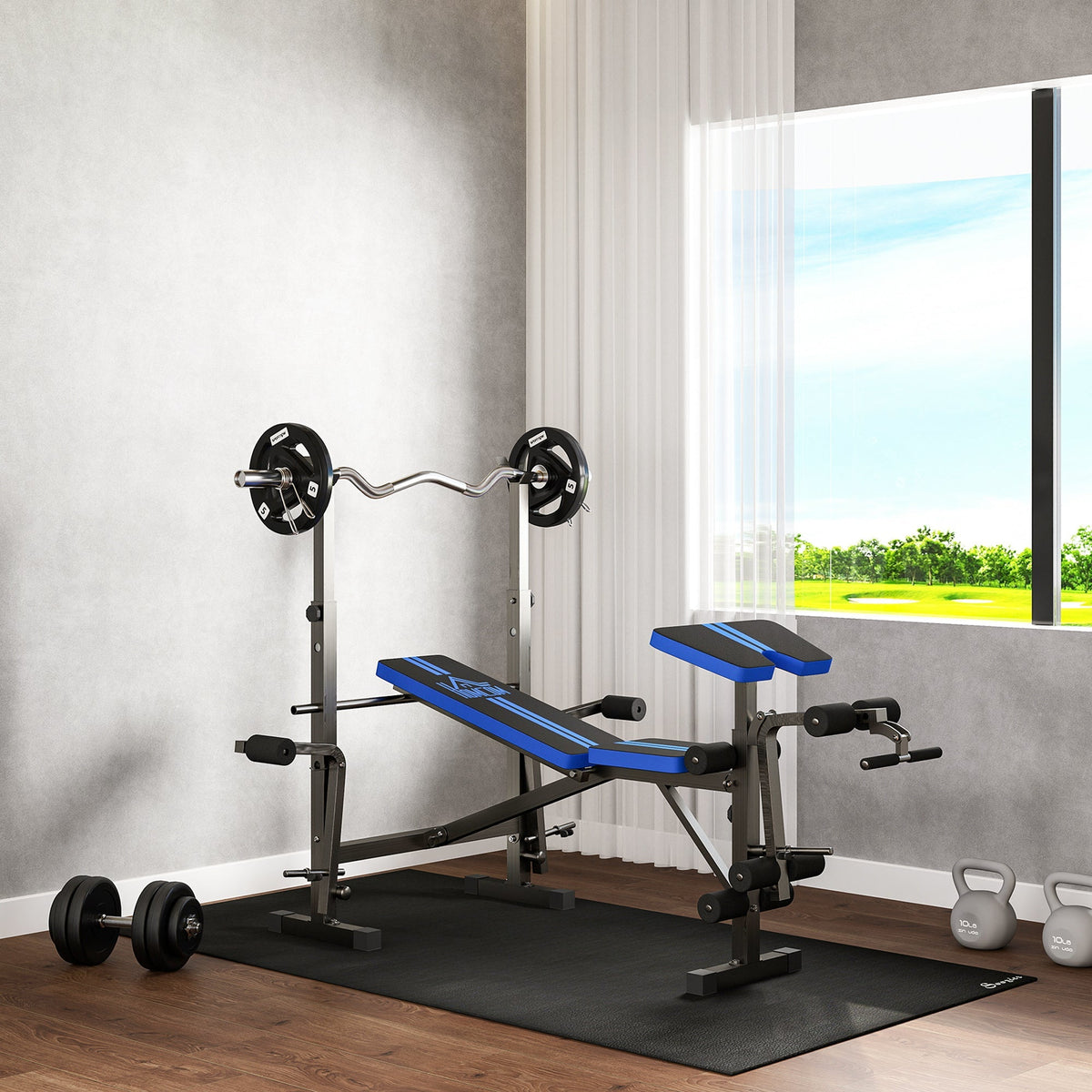 Blue and black HOMCOM adjustable weight bench with seat pad and multifunctional unit includes barbell rack for home gym