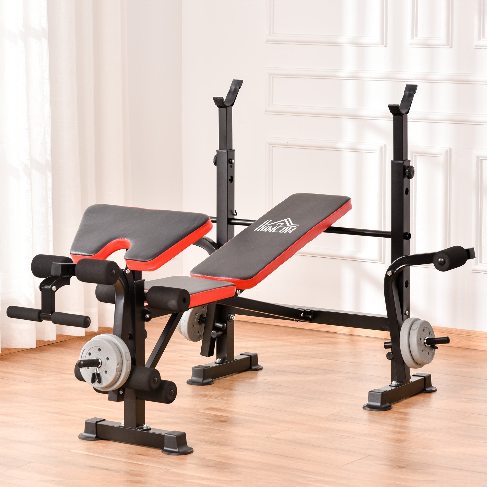 Black and red HOMCOM weight bench with adjustable seat pad and multifunctional unit includes leg developer barbell rack
