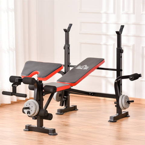 Black and red HOMCOM weight bench with adjustable seat pad and multifunctional unit includes leg developer barbell rack