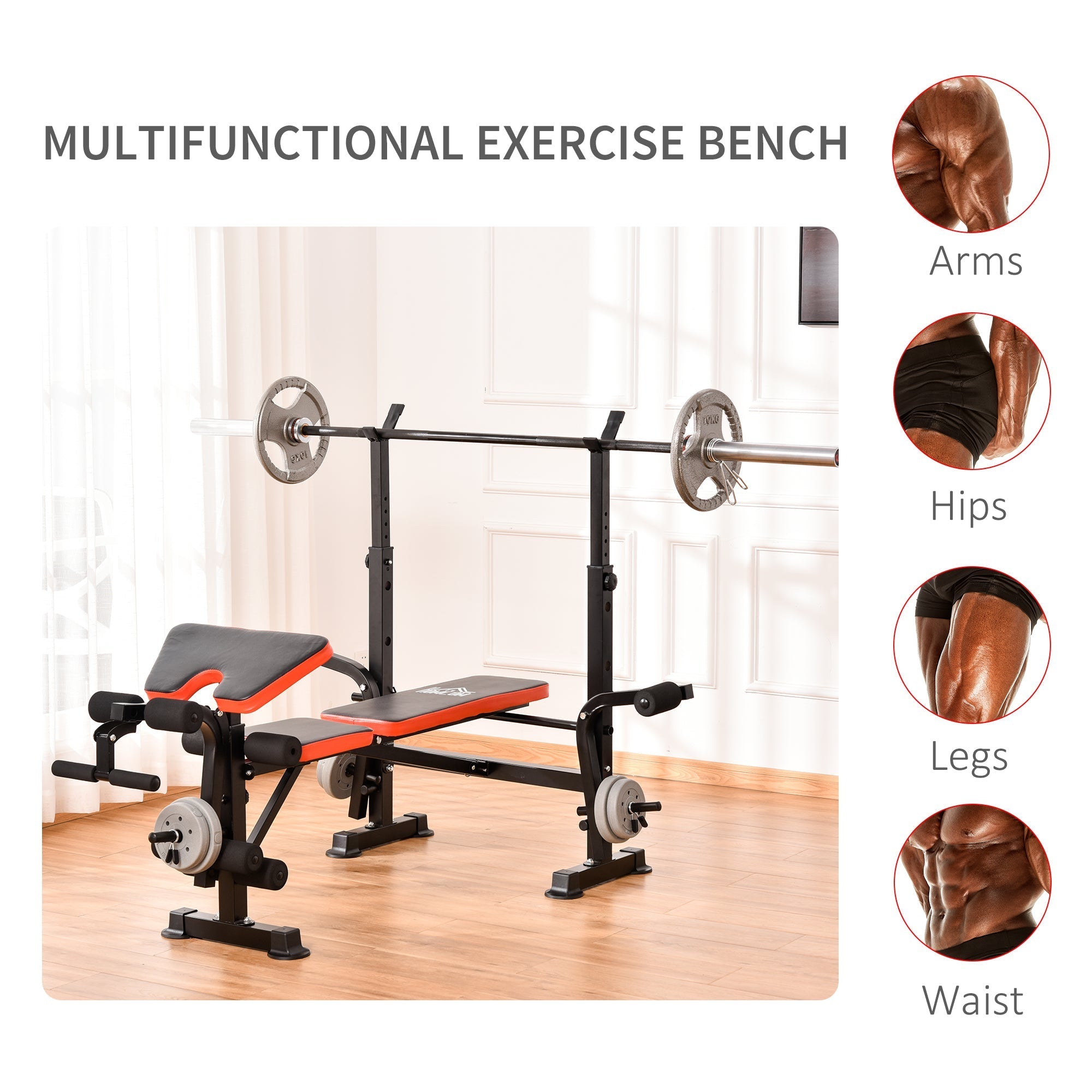 Black and orange homcom weight bench with seat pad multifunctional unit includes leg developer and barbell rack for home gym