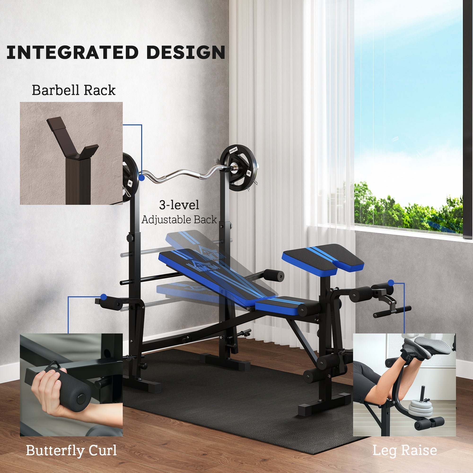 Black and blue adjustable weight bench with seat pad and multifunctional unit includes barbell rack for home gym use