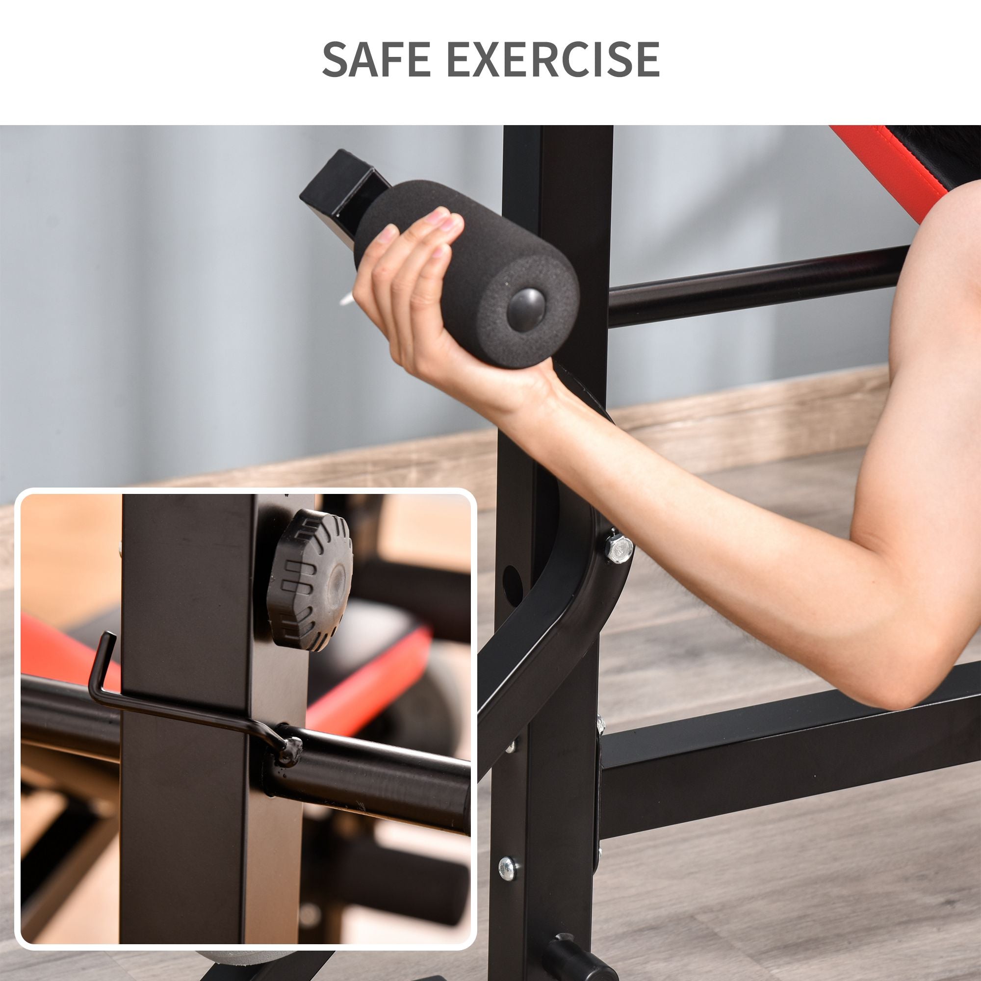 Black foam-handled dumbbell with ergonomic grip in homcom multifunctional weight bench unit with seat pad