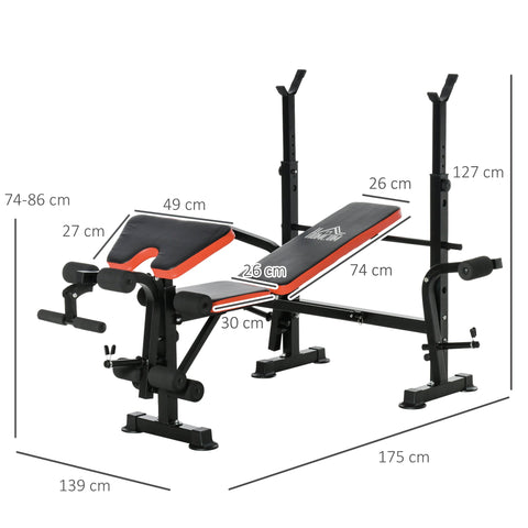 Black and orange homcom weight bench with adjustable backrest seat pad and multifunctional unit includes squat rack