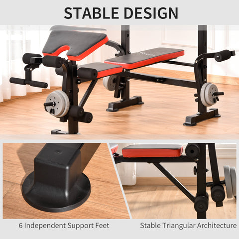 Black and red homcom weight bench with adjustable seat pad and stable triangular frame multifunctional unit includes leg developer and barbell rack