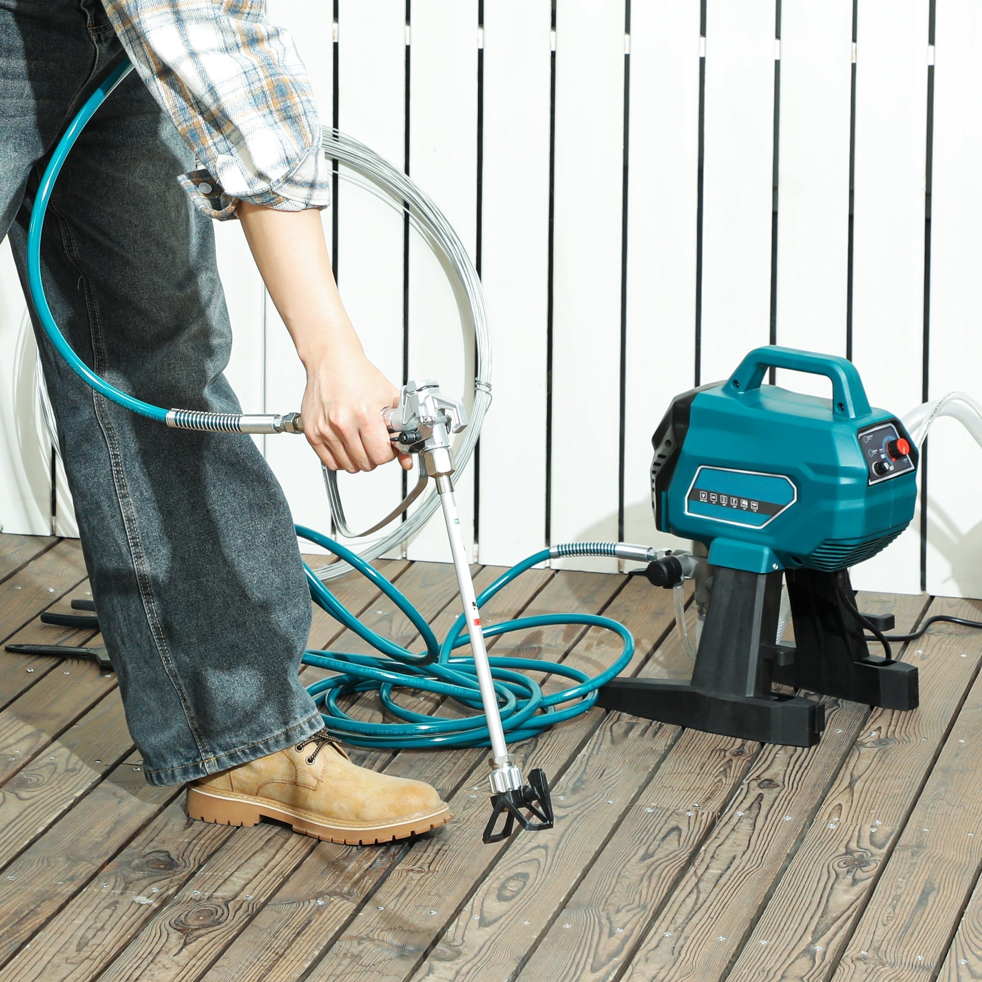 Teal and black homcom airless paint sprayer with coiled hose and spray gun for thinning-free household painting projects