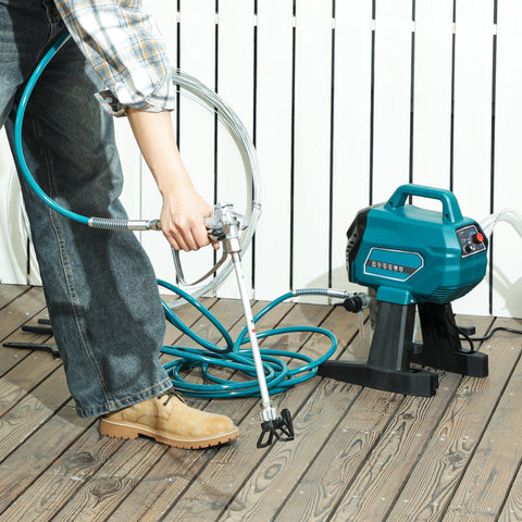 Teal and black homcom airless paint sprayer with coiled hose and spray gun for thinning-free household painting projects