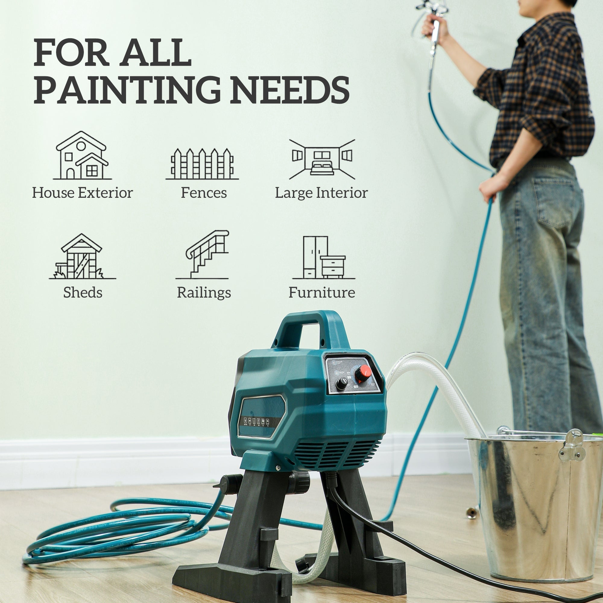 Teal and black homcom airless paint sprayer with sturdy handle, adjustable nozzle, and coiled hose for versatile diy use