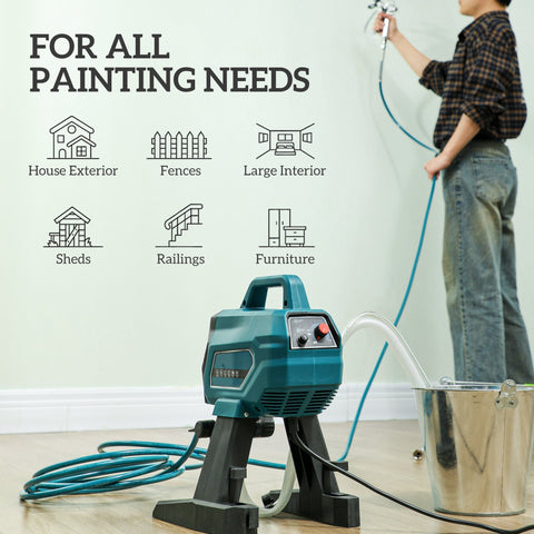 Teal and black homcom airless paint sprayer with sturdy handle, adjustable nozzle, and coiled hose for versatile diy use