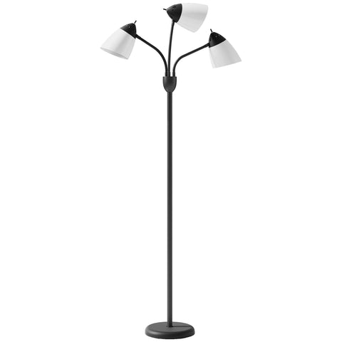 Black three-armed floor lamp with white glass shades steel frame and 3000k 4500k 6500k color temperatures