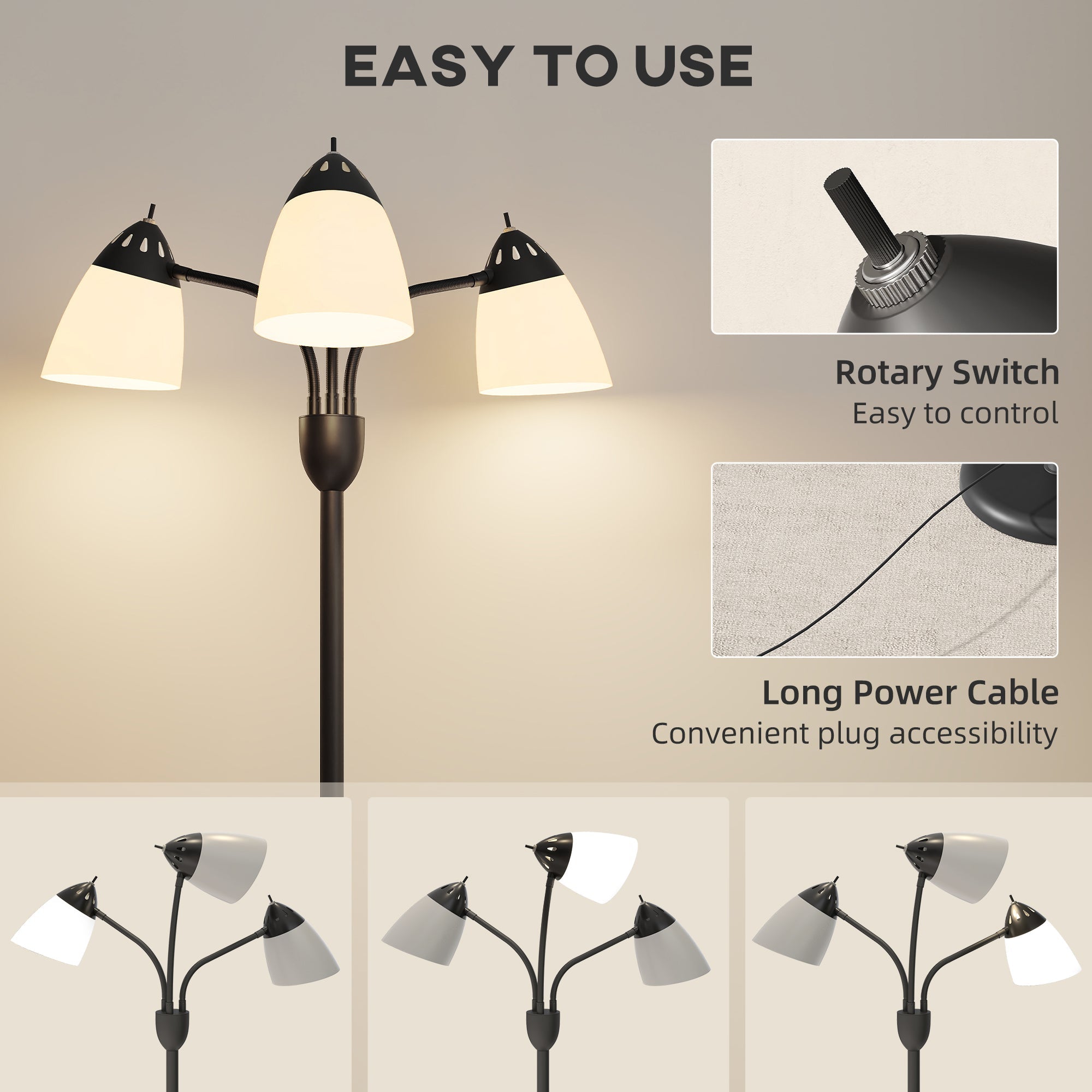 Black metal floor lamp with three frosted glass shades and rotary switch featuring 3000k 4500k 6500k light options