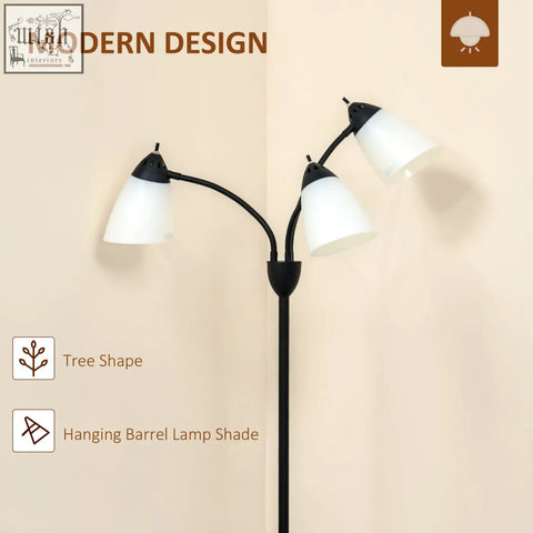 Black homcom arc tree floor lamp with three white hanging barrel shades steel frame and round base for living room