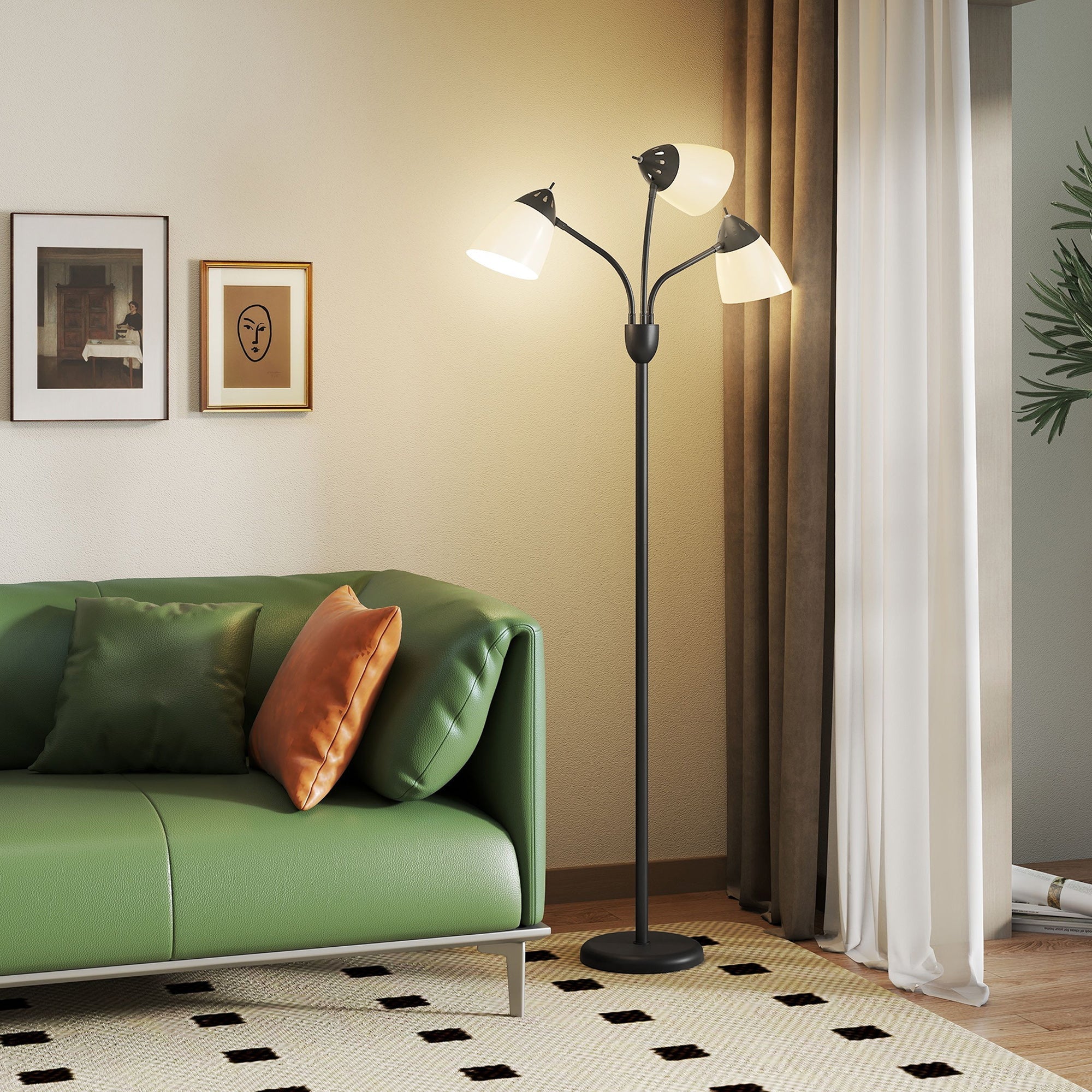 Black metal floor lamp with three curved arms and white frosted glass shades featuring 3000k 4500k 6500k color temps